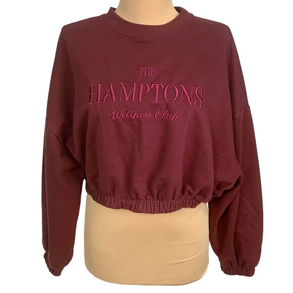 Hamptons Wellness Club Burgundy Cropped Crew Neck Sweatshirt M Spellout Cozy - Picture 2 of 11